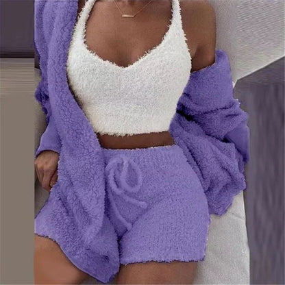 SUE - Gemütlicher Baumwoll Fluffy Pyjama 3-Teilig Mantel mit Kapuze Women