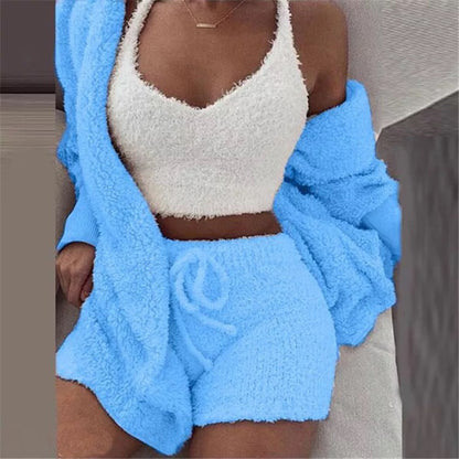 SUE - Gemütlicher Baumwoll Fluffy Pyjama 3-Teilig Mantel mit Kapuze Women