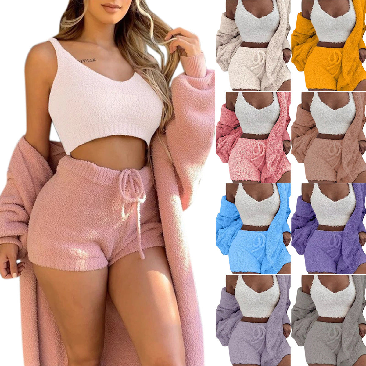 SUE - Gemütlicher Baumwoll Fluffy Pyjama 3-Teilig Mantel mit Kapuze Women